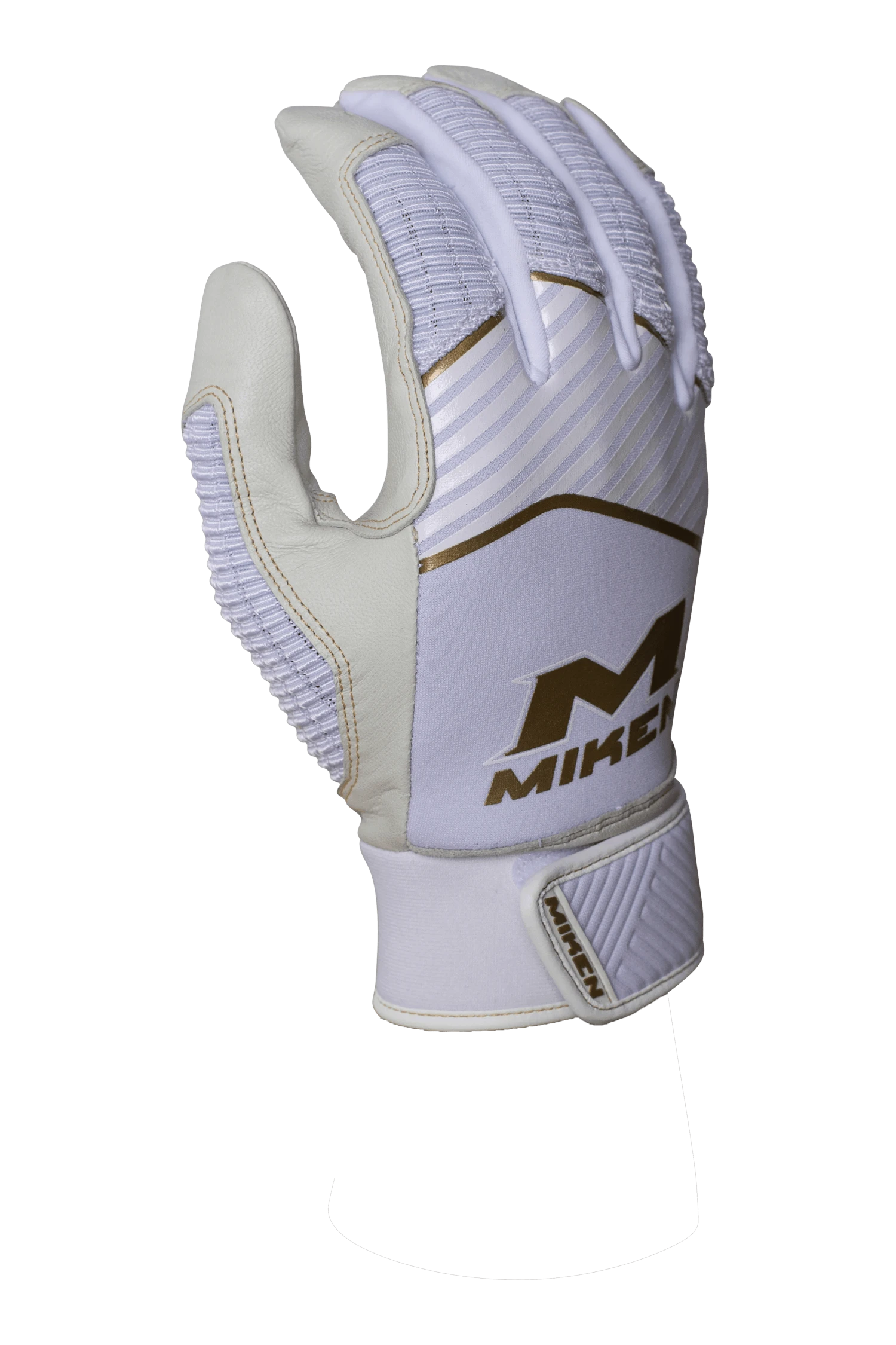 Miken Softball MK7X Adult White And Gold Batting Gloves: MBGGLD-WHT 1 Miken Softball MK7X Adult White And Gold Batting Gloves: MBGGLD-WHT