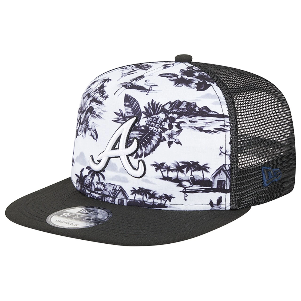 Men's Atlanta Braves New Era White/Black Vacay 2.0 A-Frame Trucker 9FIFTY Snapback Hat 1 Men's Atlanta Braves New Era White/Black Vacay 2.0 A-Frame Trucker 9FIFTY Snapback Hat